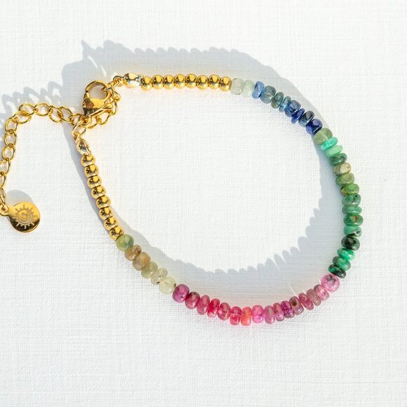 GORGEOUS Rainbow SAPPHIRE Beaded Bracelet Waterproof Gold Non-Tarnish Bracelet - Picture 1 of 10